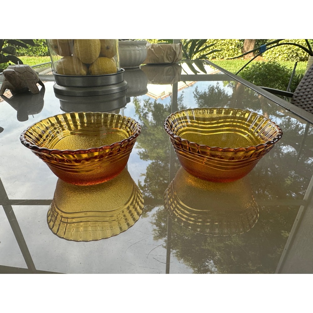 Vintage Rare Duralex Frosted Brown Amber Glass Wave Dessert bowls france set/2